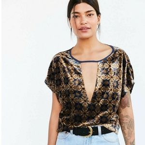 Ecoté Velvet Printed Cutout Deep V Plunge Neck Top